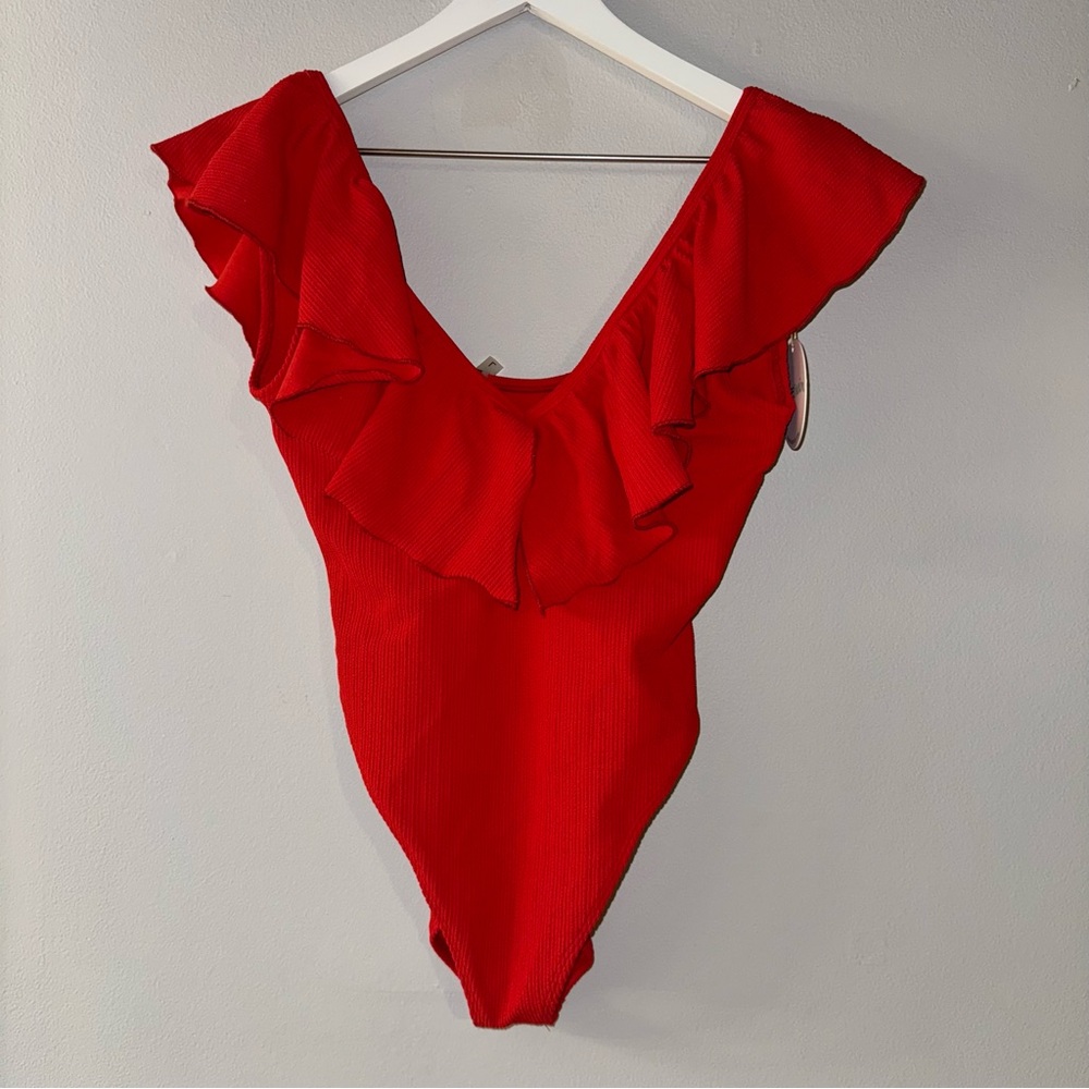 Montce Swim One Piece Bathing Swim Suit Red Ruffle Plunge Size Large